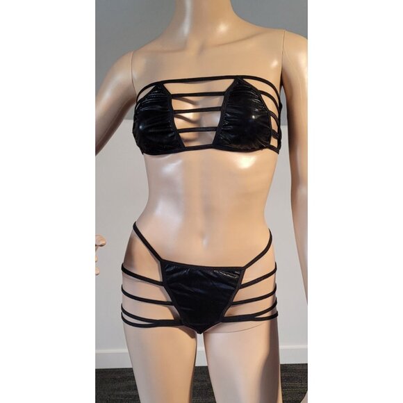 Womens Sexy Black Small Lingerie Underwear Set Babydoll PVC Sleepwear SL3141 - Picture 1 of 7
